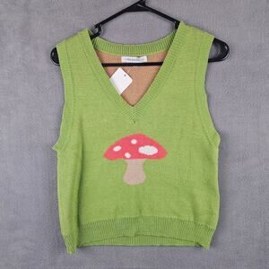 Miss Sparkling Green Mushroom Knit Sweater Vest Cottagecore Size Small